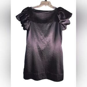 Serena Kay Elegant Black Satin Look Dress Short Puff Sleeves Knee Length Dark 3